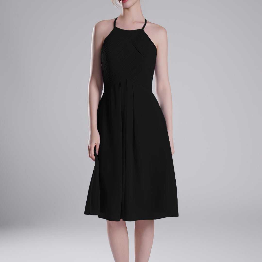 Halter Neckline Pleated Bodice Open Back Mini Dresses