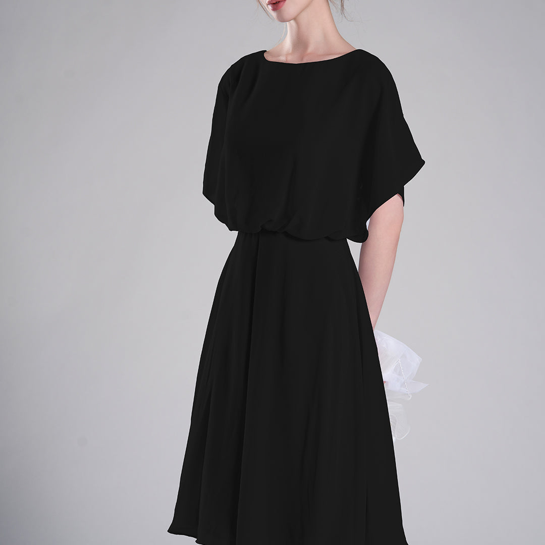 Round Neck Draped Sleeves Tie Detail Dresses