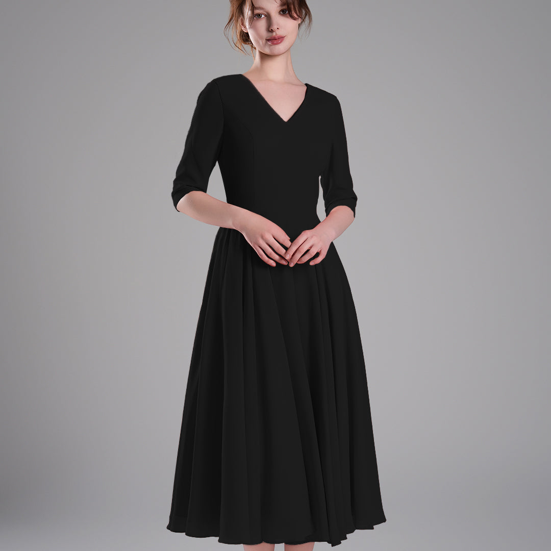 Elegant Chiffon Midi Dress with 3/4 Sleeves