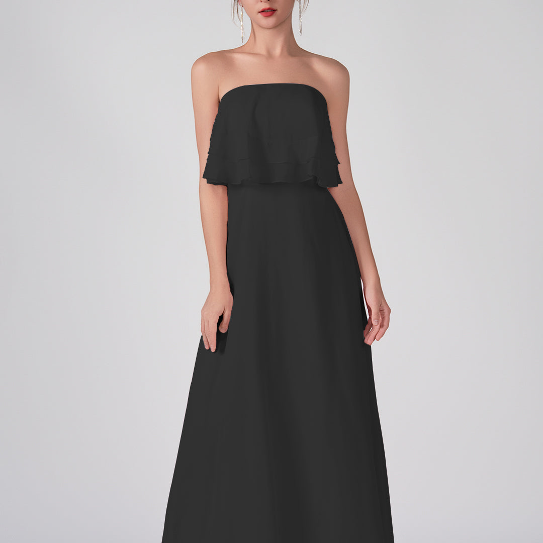 Robe trapèze en mousseline de soie sans bretelles à volants, longueur au sol