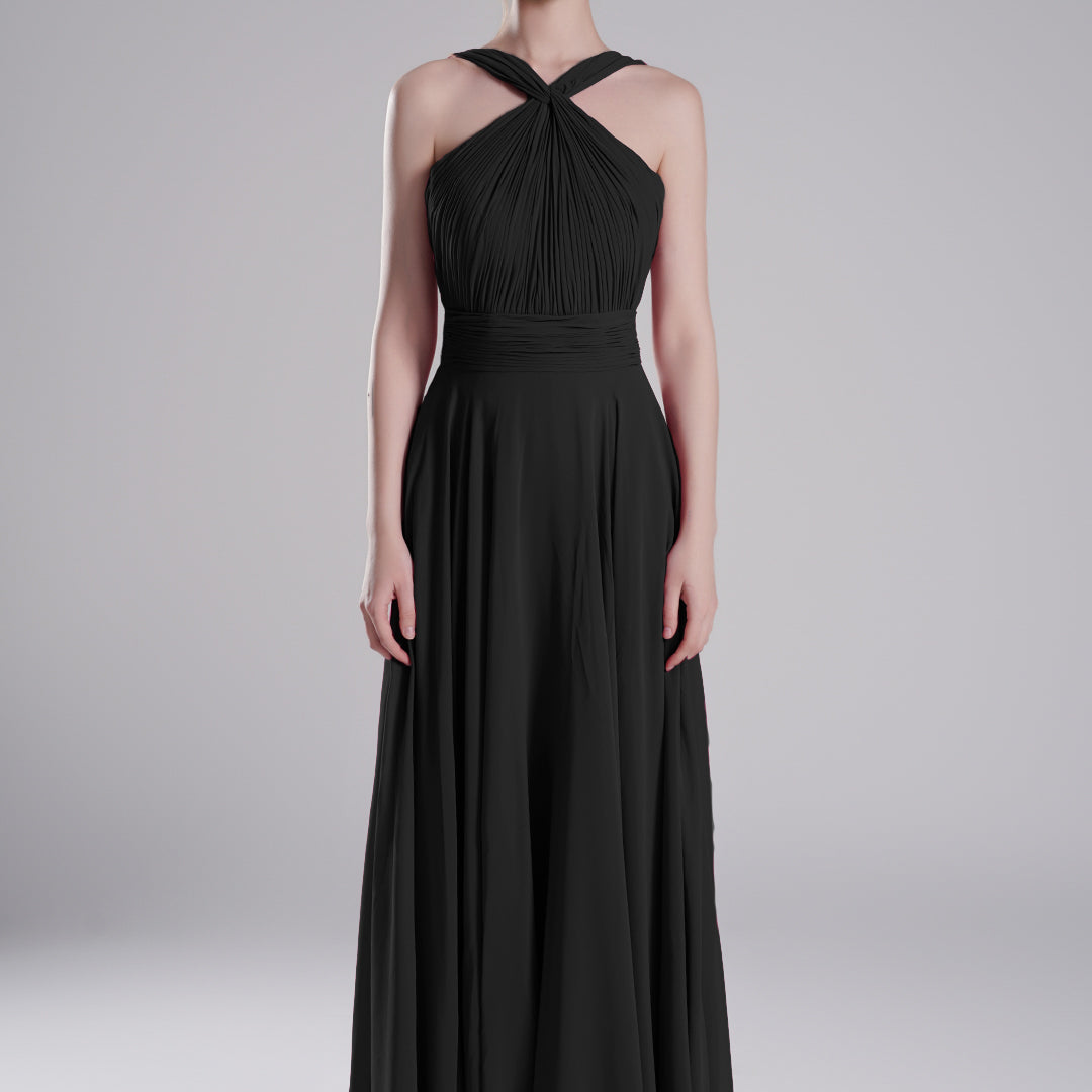 Halter Neck Cross Straps Pleated Waist A-Line Dresses