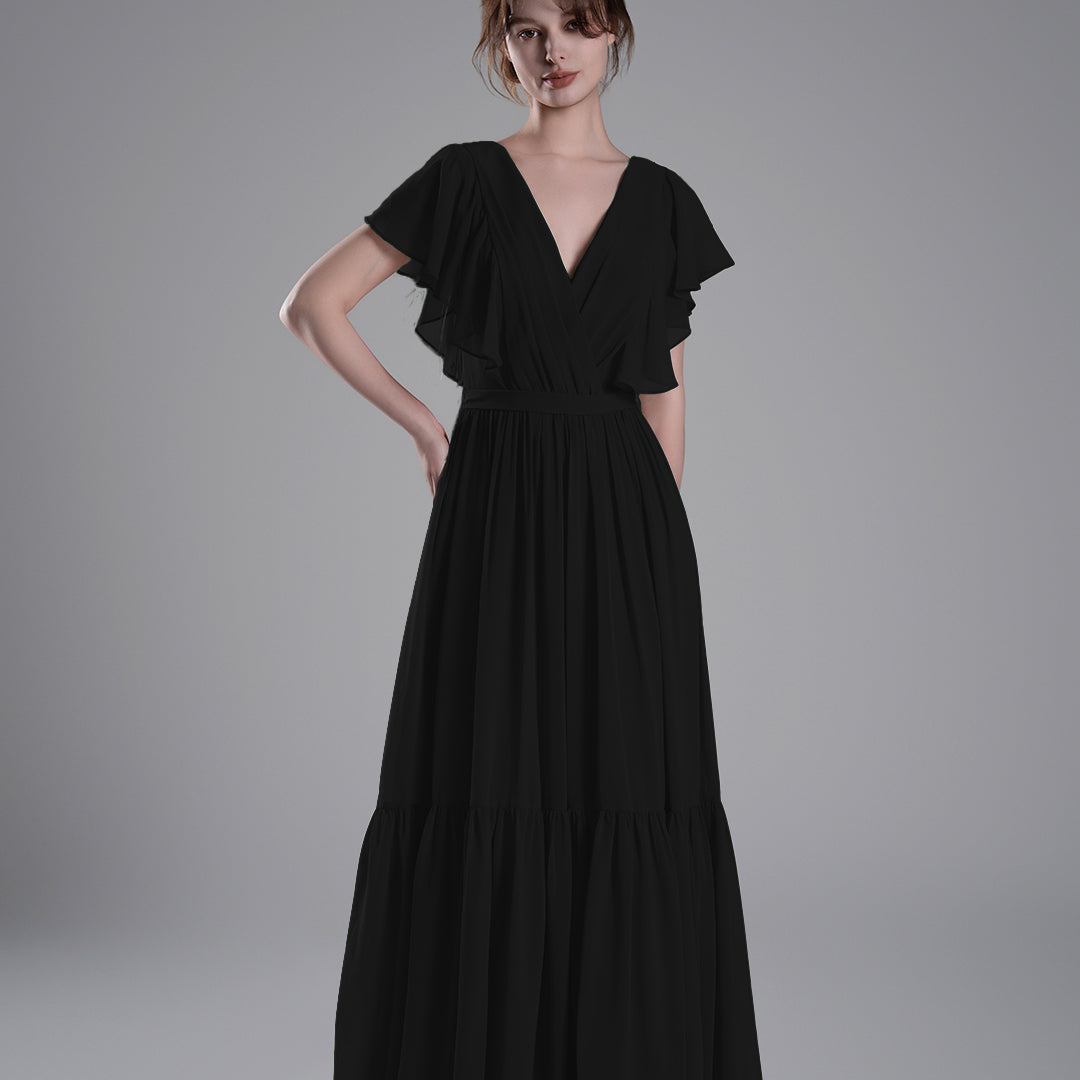 Elegant Ruffled V-Neck Chiffon Patchwork Maxi Dress