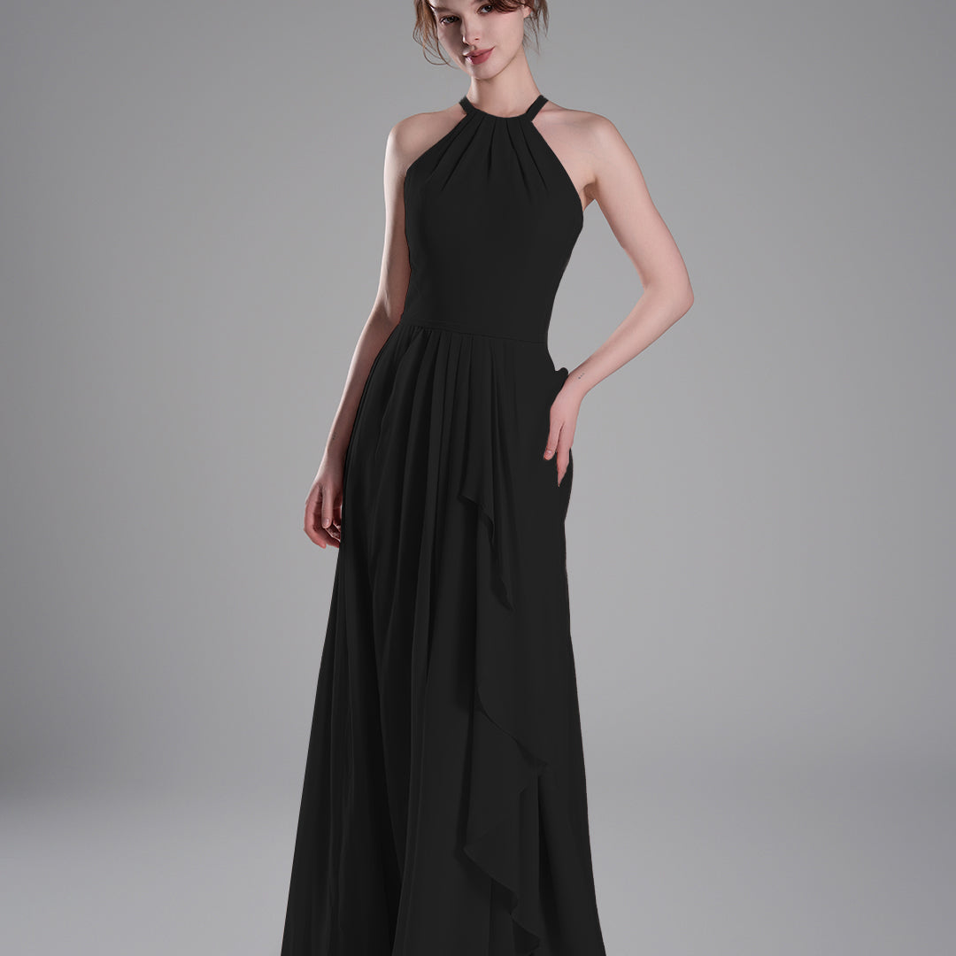 Halter Neckline Pleated Asymmetrical Ruffle Dresses