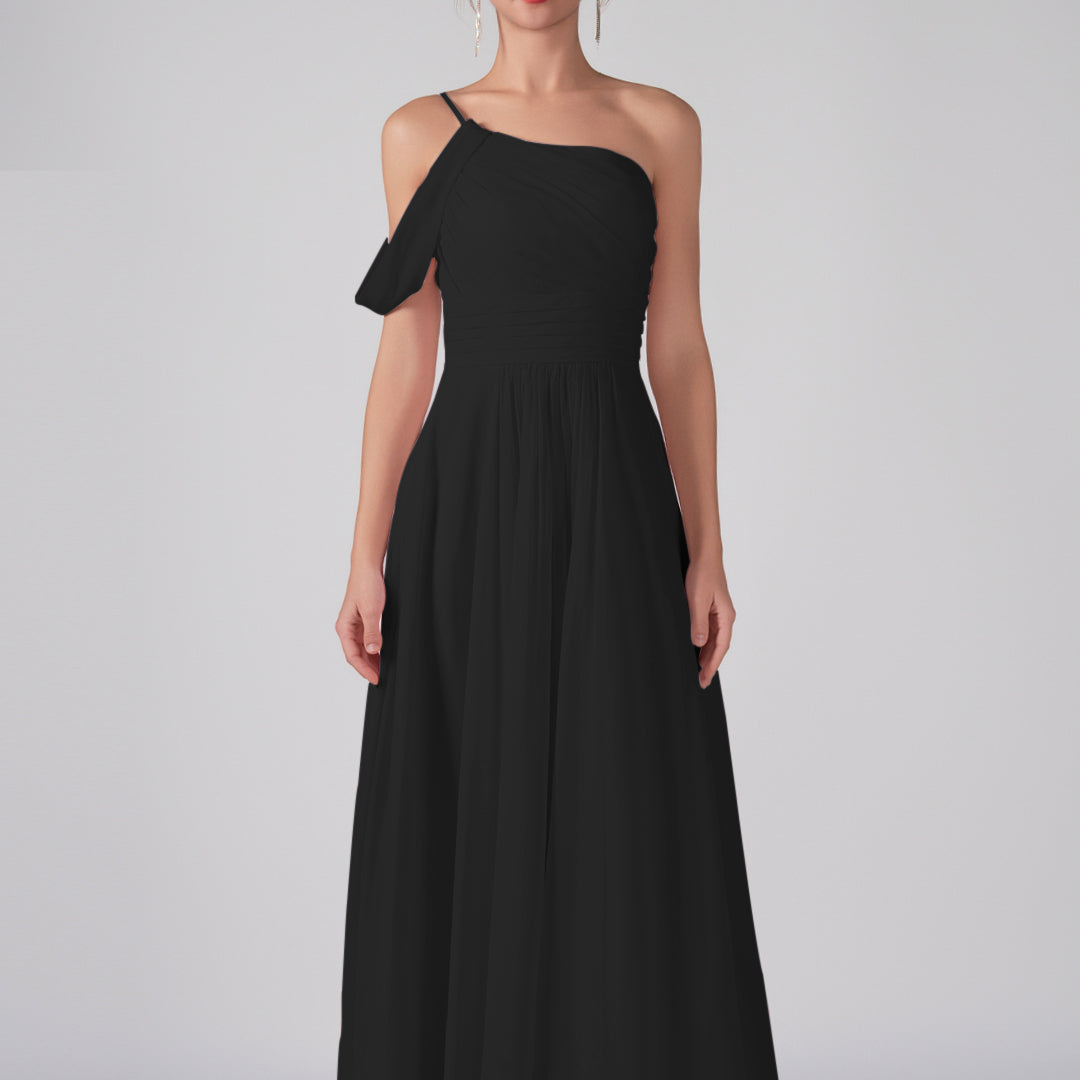 One Shoulder Off Shoulder Sleeve Ruched Bodice A-Line Maxi Dress