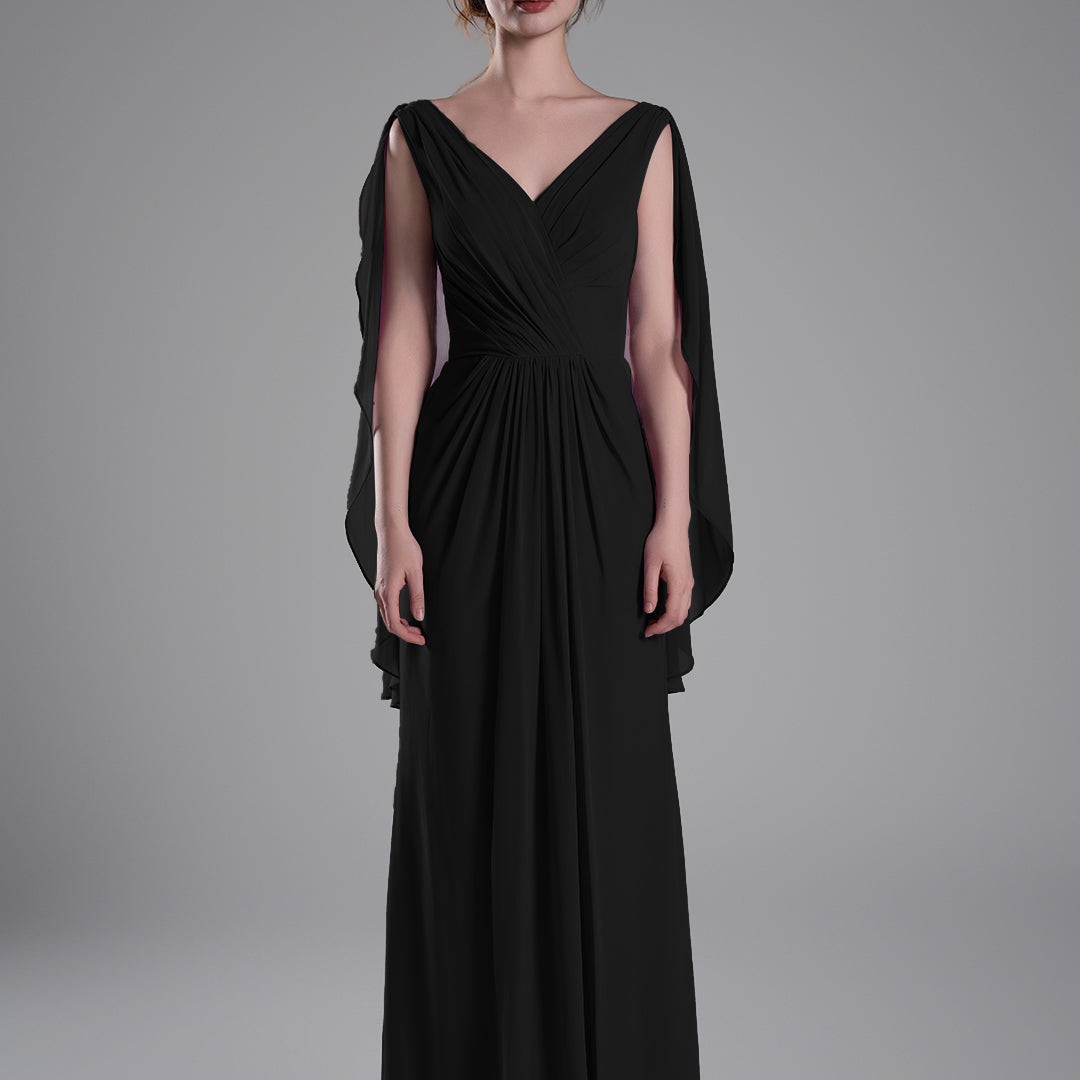 V-Neck Flowing Cape Sleeves Pleated Dress