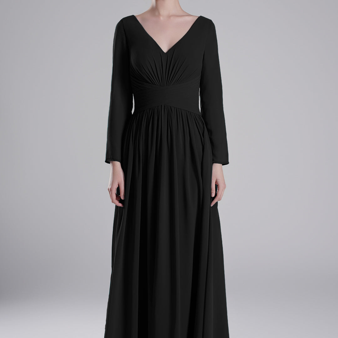V-Neck Pleated Fitted Waist Flowing A-Line Dresses