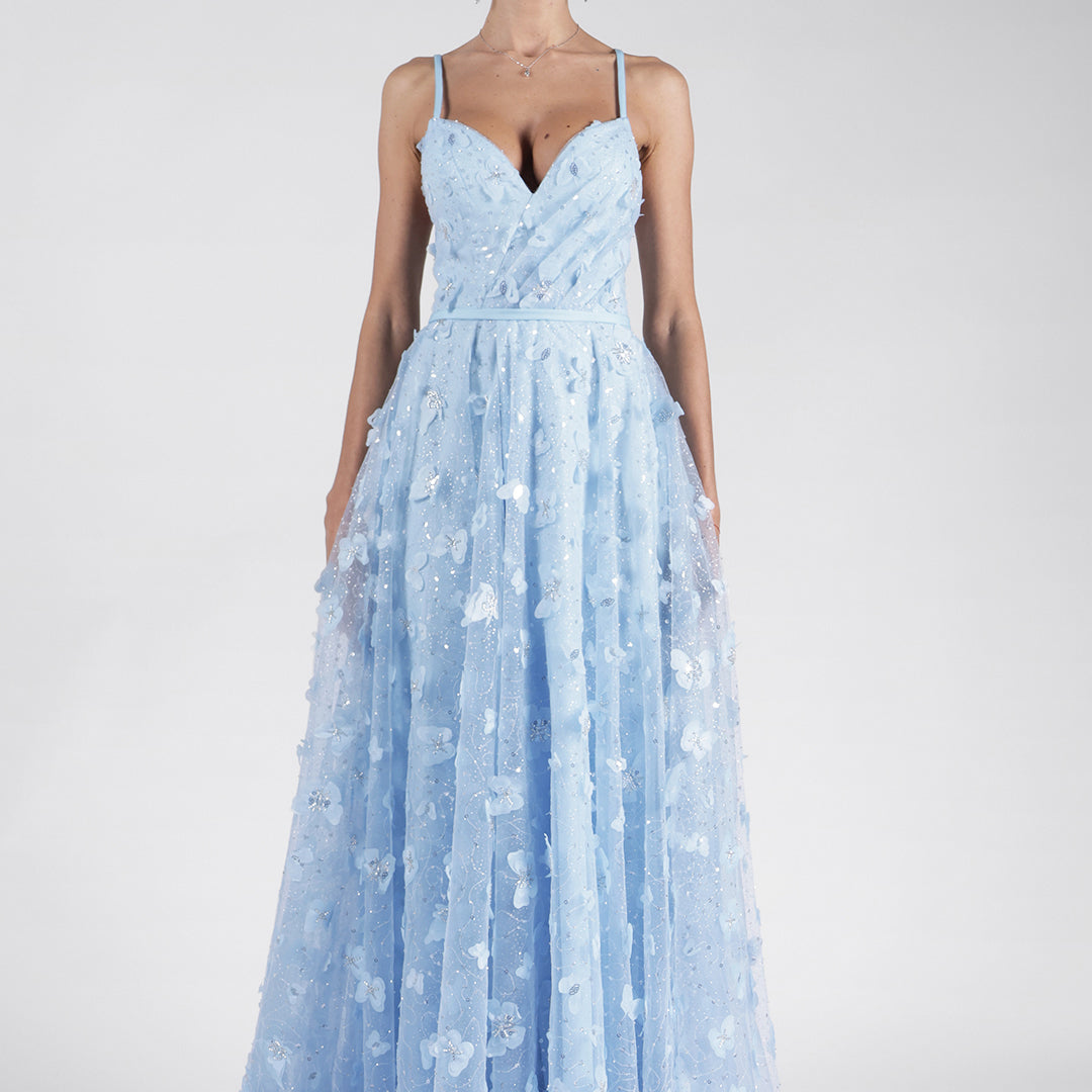 V-Neck A-Line Spaghetti Straps Lace-up Split Puffy Dress