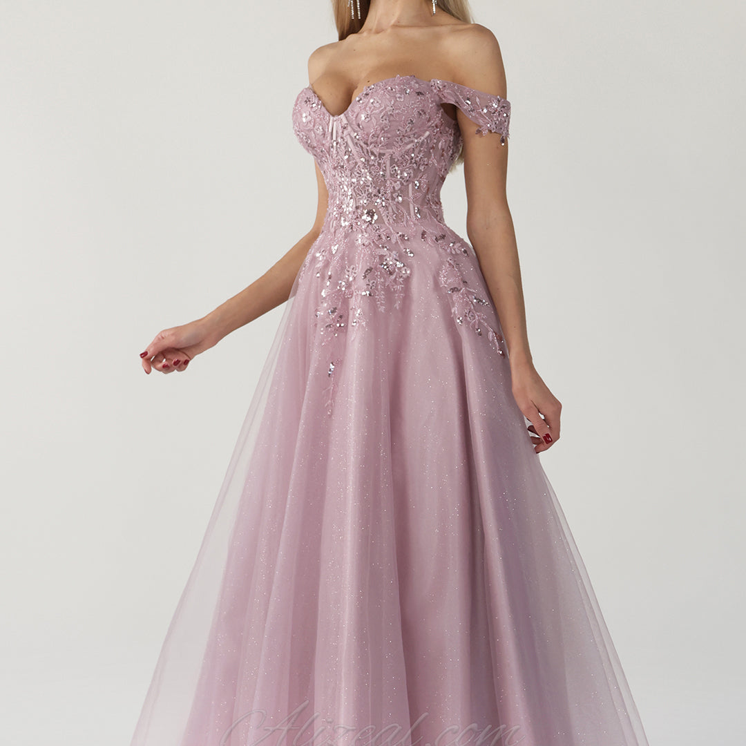 Schulterfreies Maxikleid in A-Linie mit V-Ausschnitt und Korsett-Applikationen