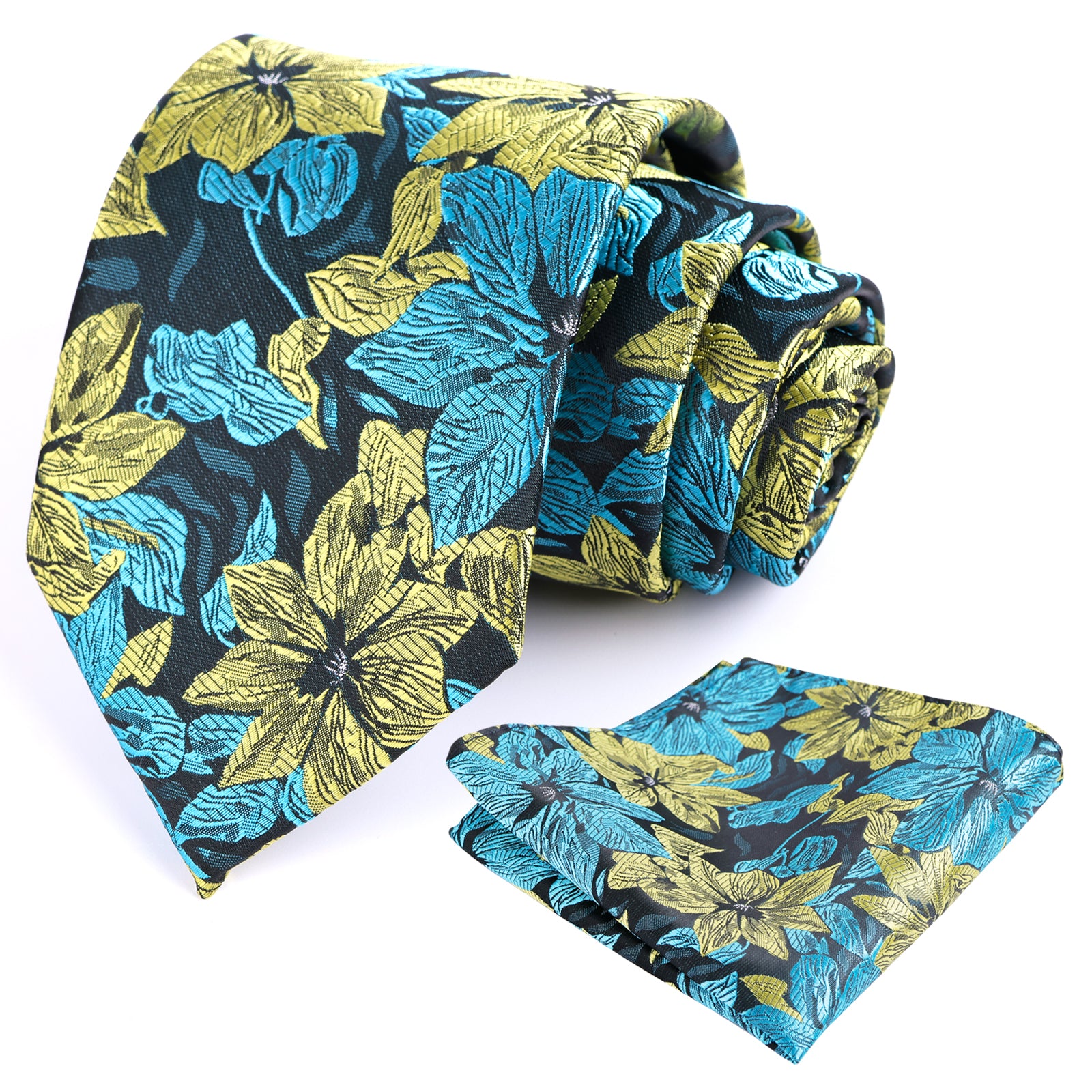 Mens 3.35inches Large Floral Pattern Necktie and Printed Pocket Square Set-159