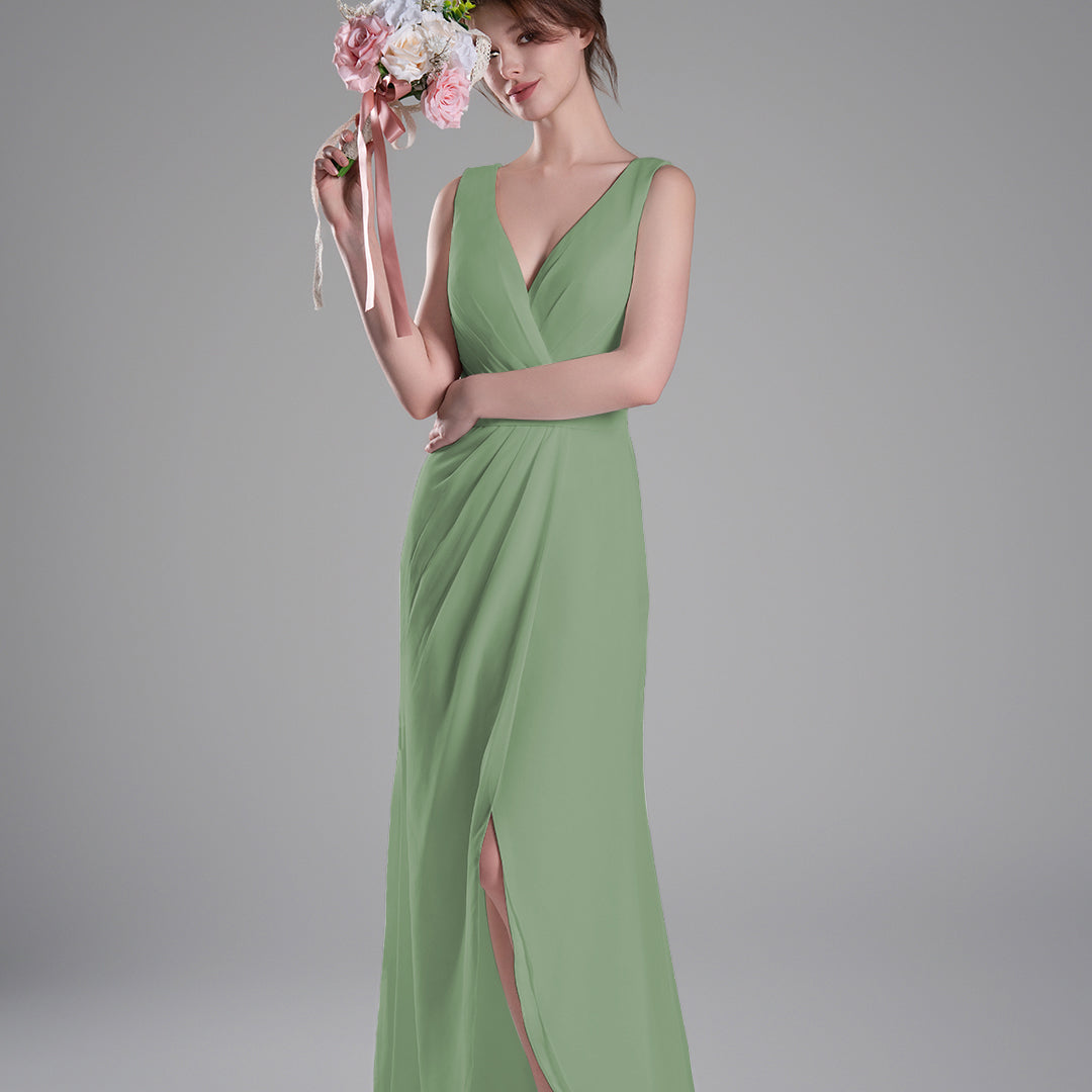 V-Neck Crossover Bodice Pleated Front Slit Dresses