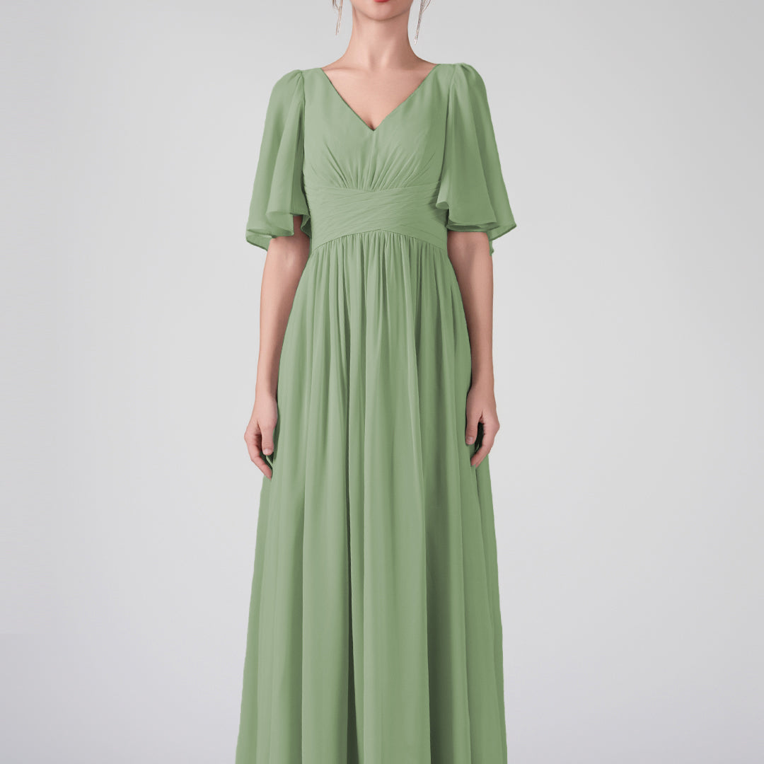 V-Neck Flowing Sleeves A-Line Ruffles Maxi Dresses