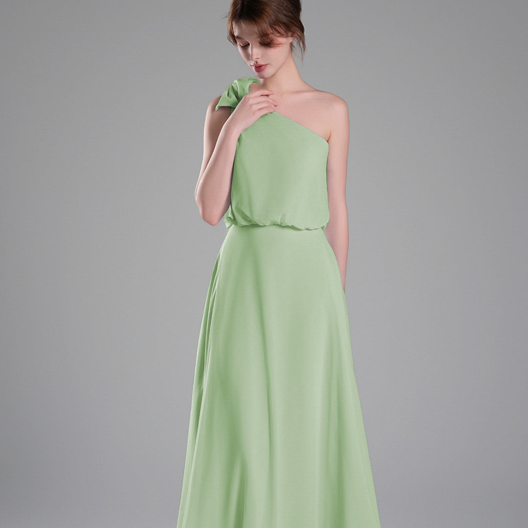 One-Shoulder Bow Detail Flowing A-Line Dresses