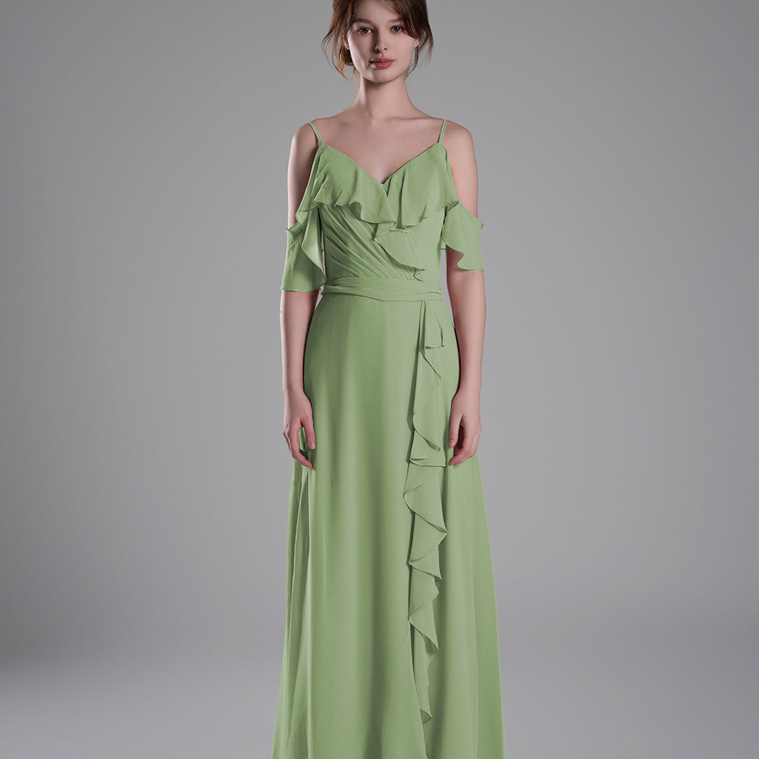 Adjustable Straps Ruffled Chiffon Long Dresses