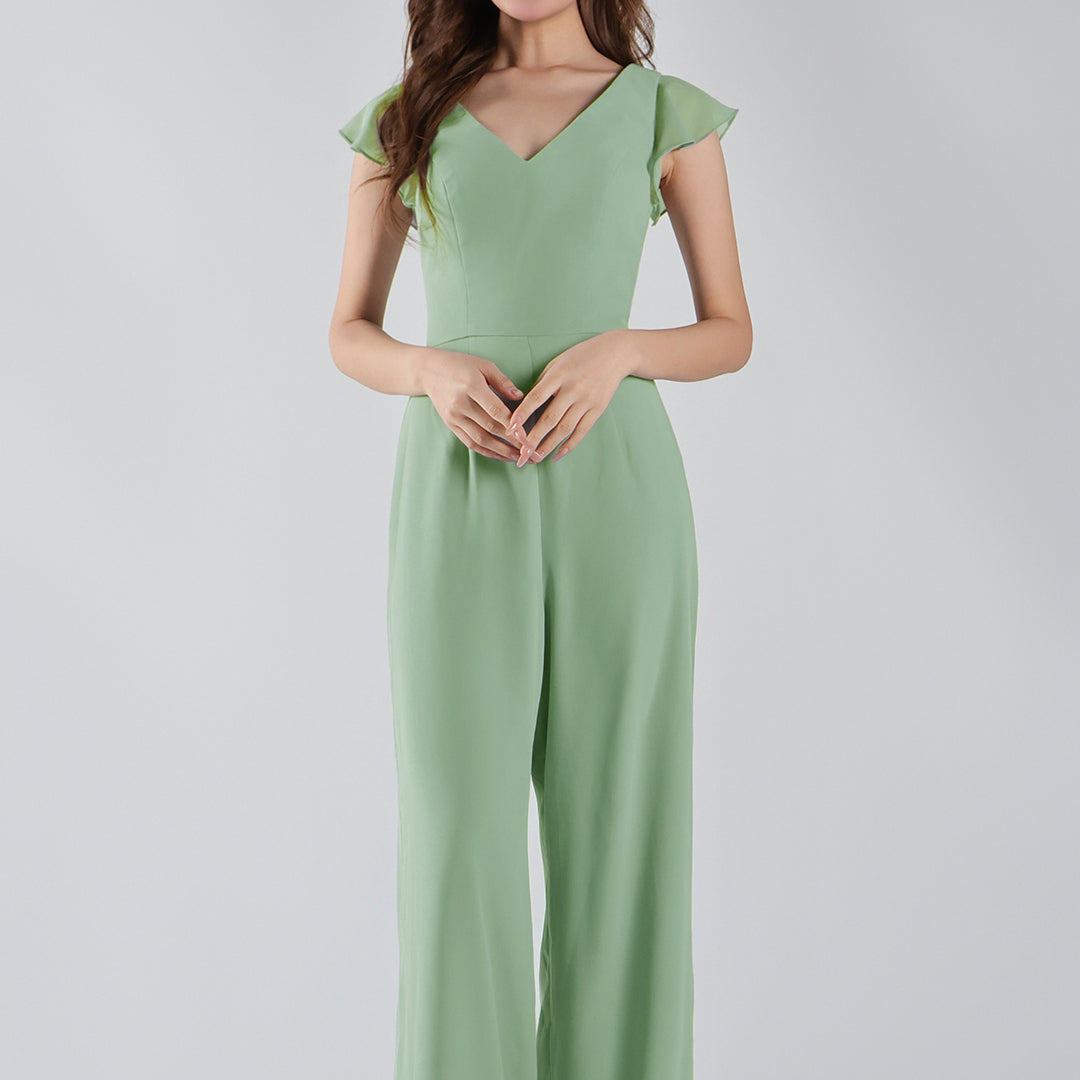 V-Neck Flutter Sleeves Wide-Leg Chiffon Jumpsuit