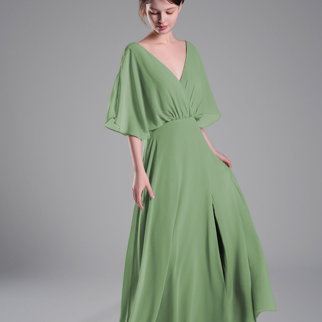 Draped Sleeves High Slit Backless Dresses