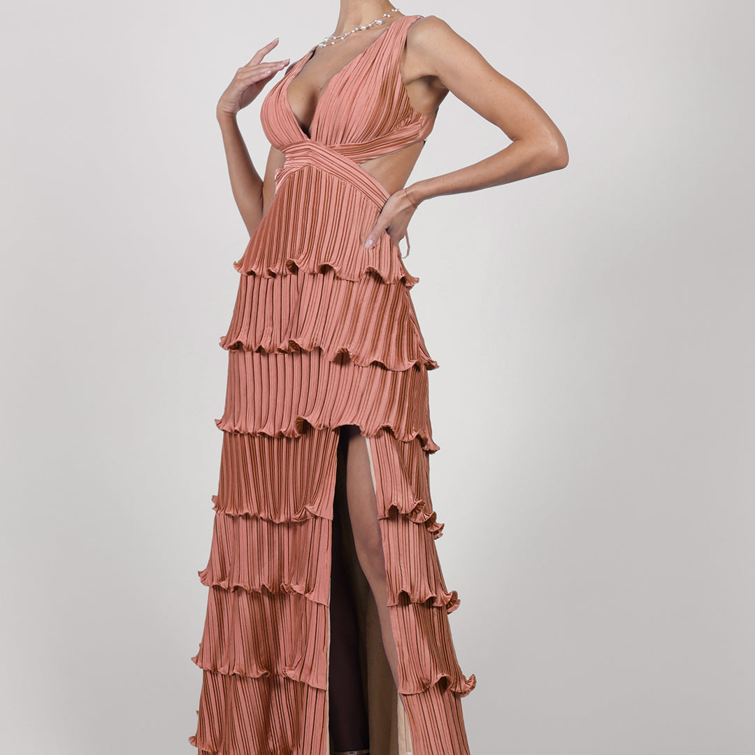 Wide Straps V-Neck Cutout Pleated Side Split Dresses