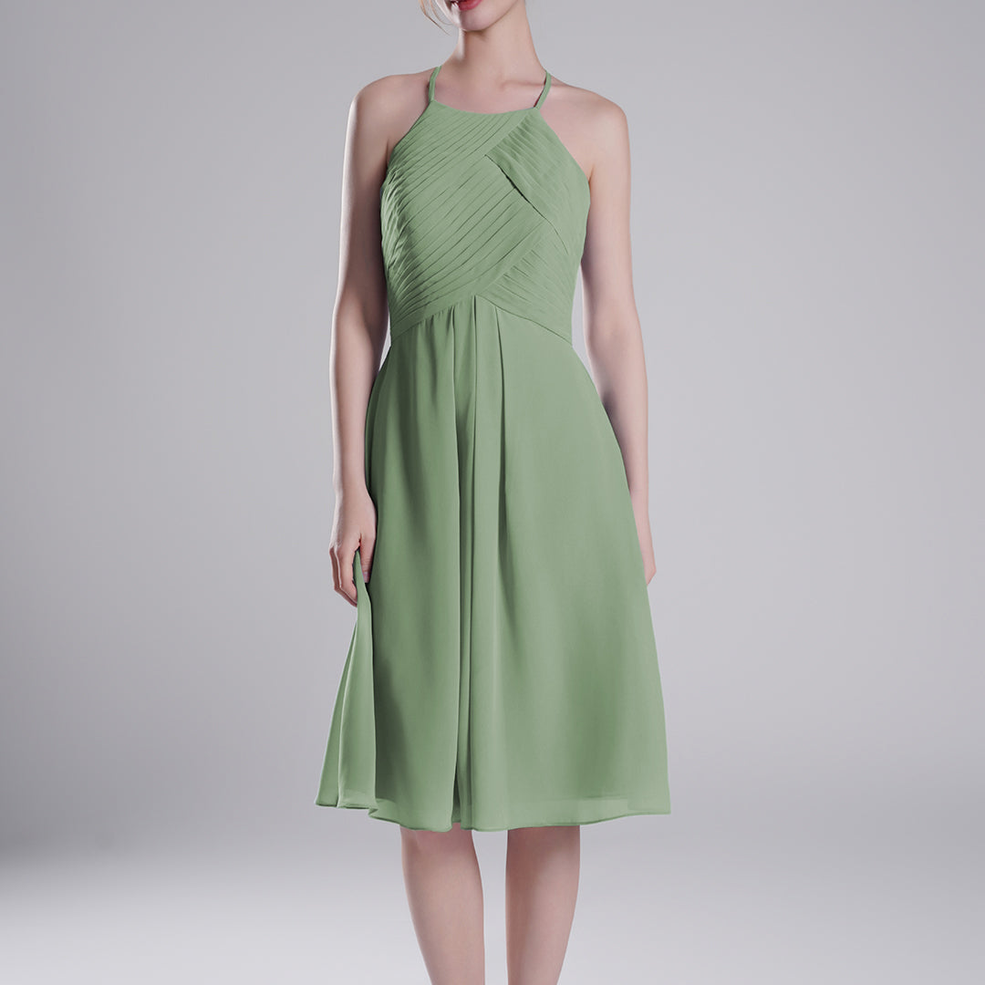 Halter Neckline Pleated Bodice Open Back Mini Dresses