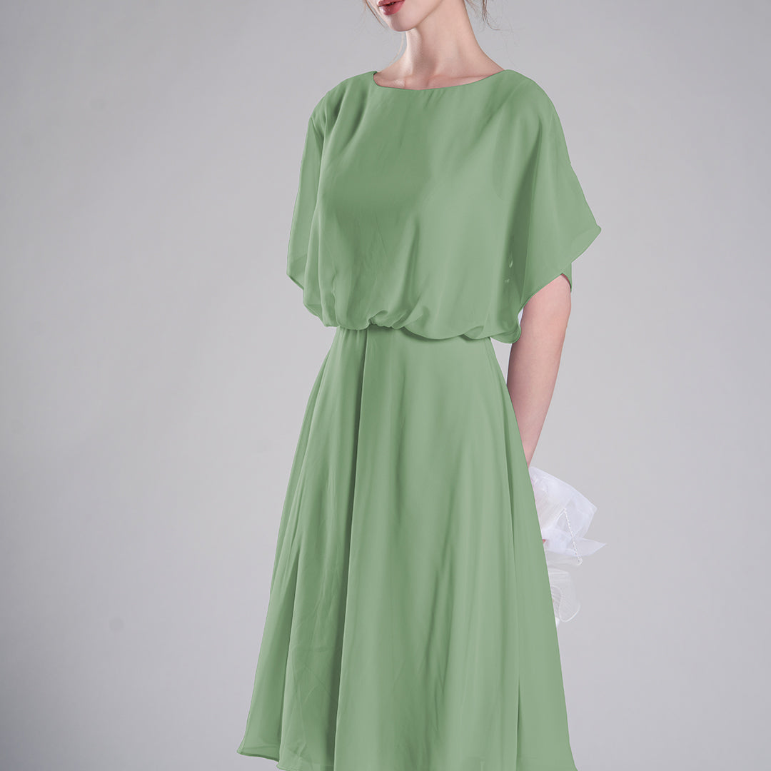 Round Neck Draped Sleeves Tie Detail Dresses