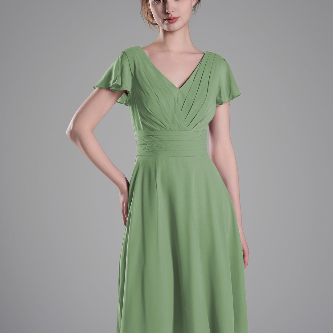 Flutter Sleeves Pleated V-Cut Back Mini Dresses