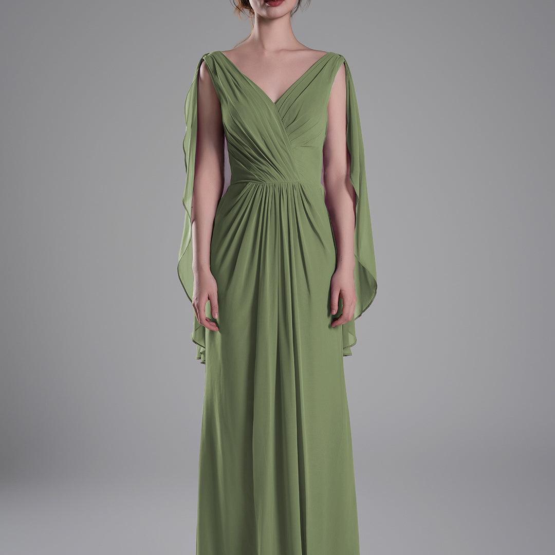 V-Neck Flowing Cape Sleeves Pleated Dress