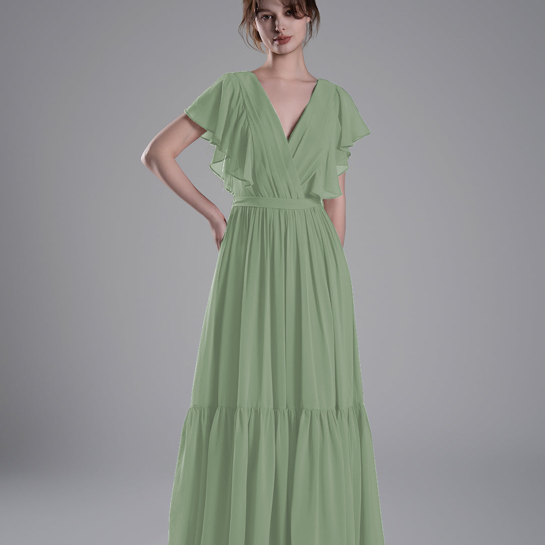 Elegant Ruffled V-Neck Chiffon Patchwork Maxi Dress