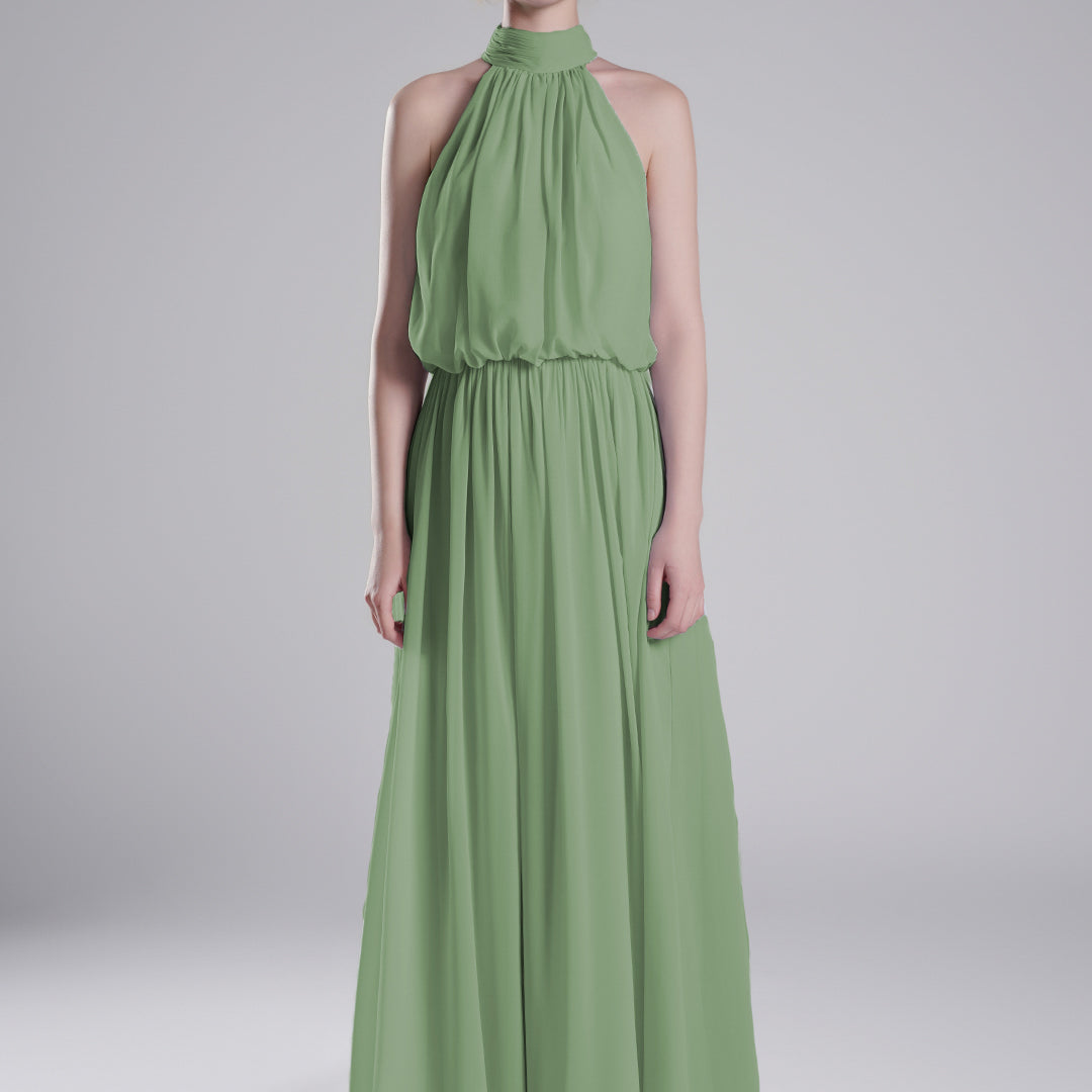 High Halter Neck Pleated Flowing A-Line Dresses