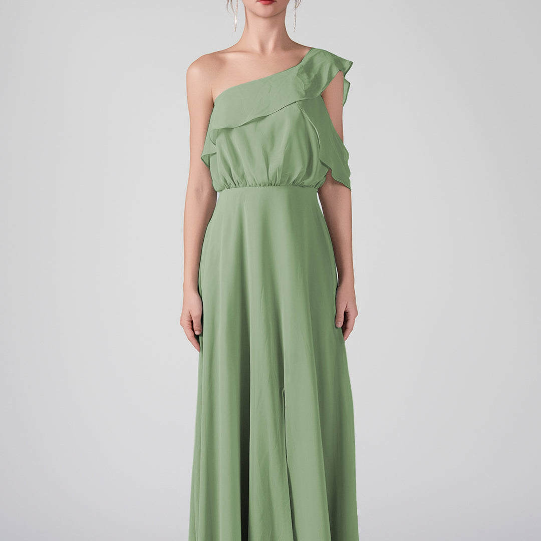One Shoulder Ruffled Sleeves Front Split A-Line Maxi Dress
