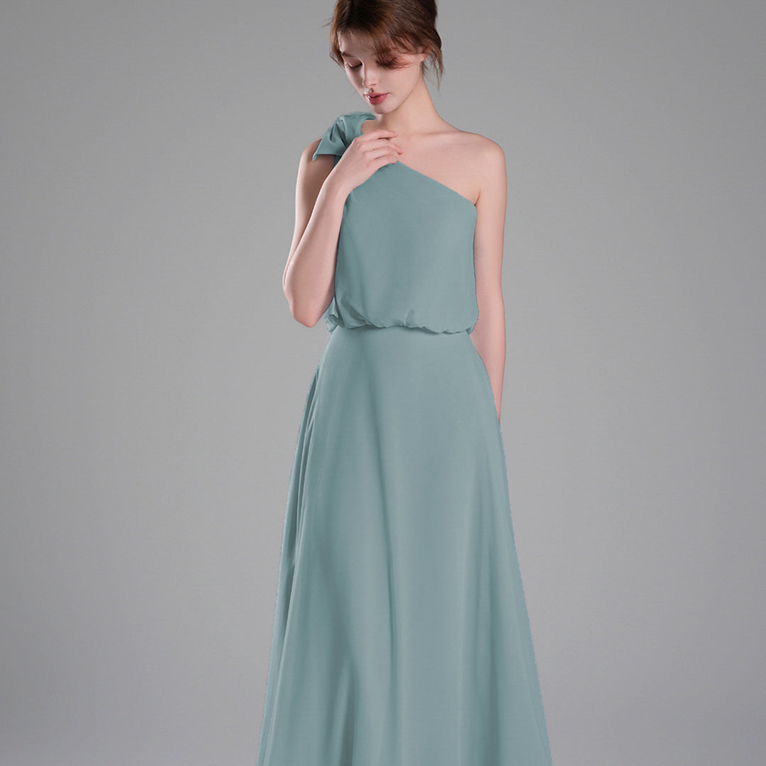 One-Shoulder Bow Detail Flowing A-Line Dresses