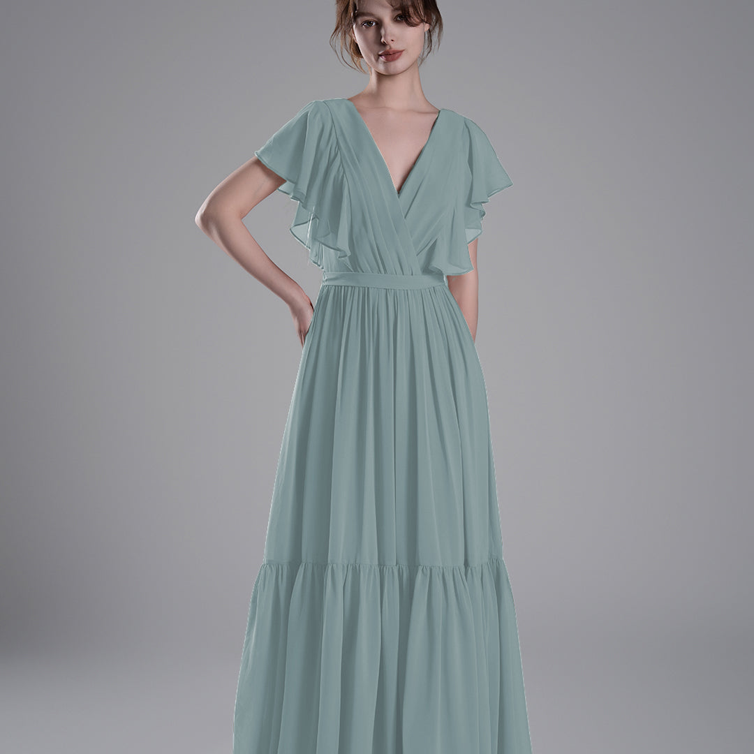 Elegant Ruffled V-Neck Chiffon Patchwork Maxi Dress