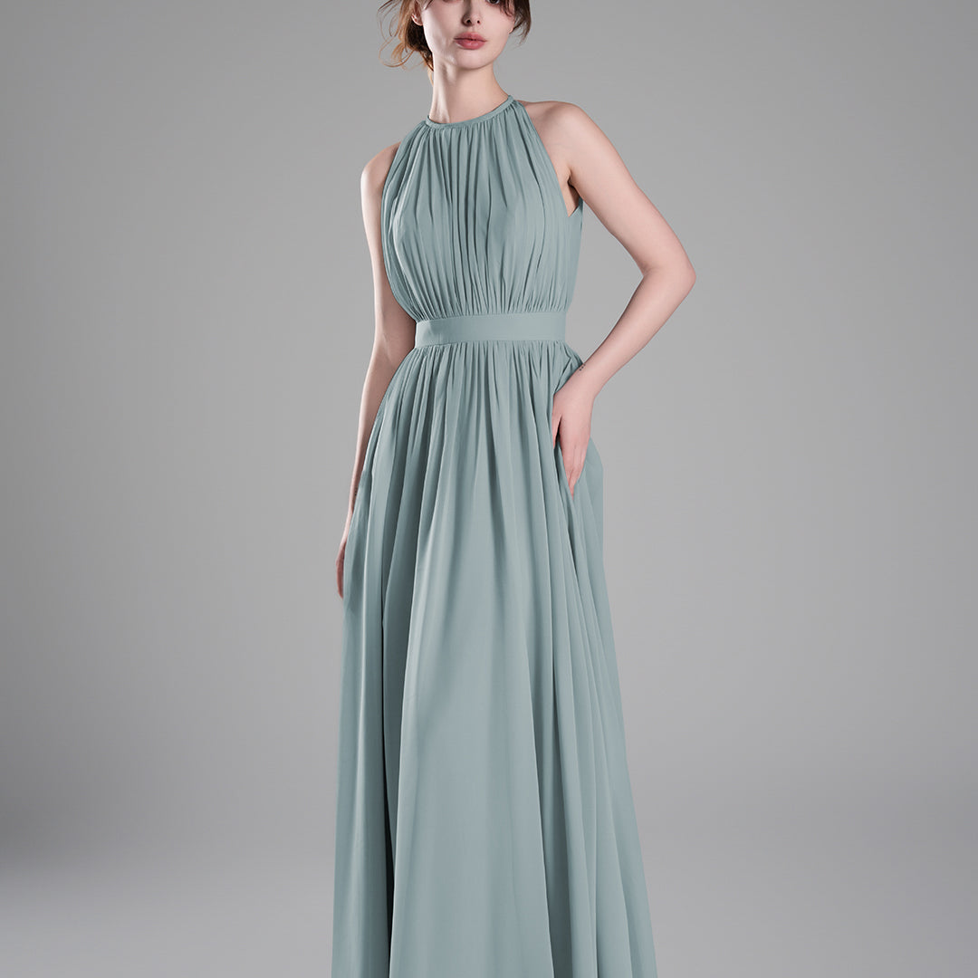 Halter Neckline Pleated Cinched Waist Dresses