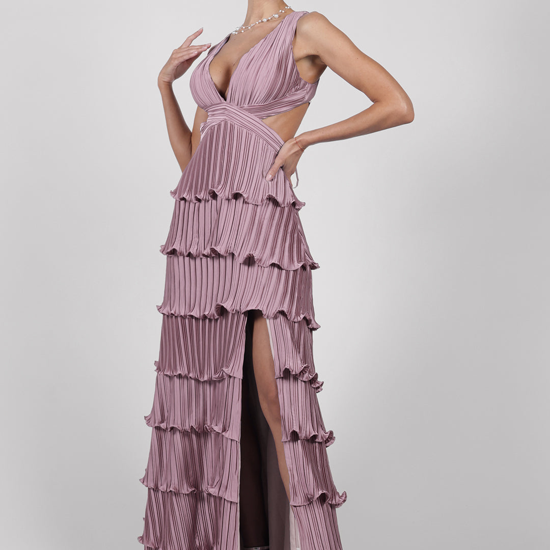 Wide Straps V-Neck Cutout Pleated Side Split Dresses