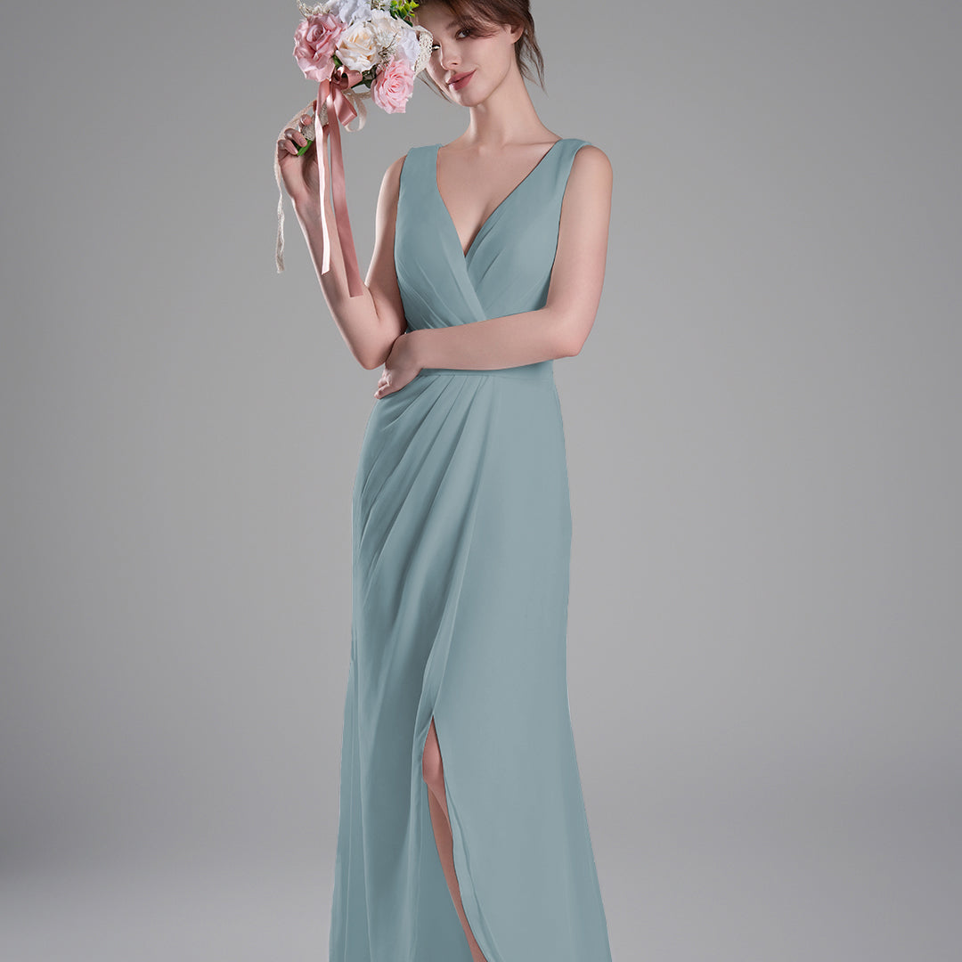 V-Neck Crossover Bodice Pleated Front Slit Dresses