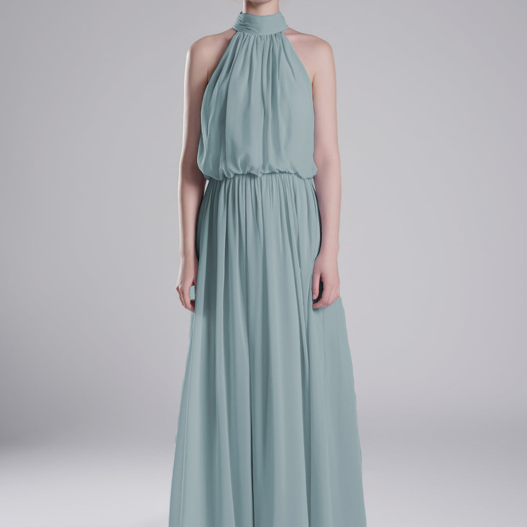 High Halter Neck Pleated Flowing A-Line Dresses
