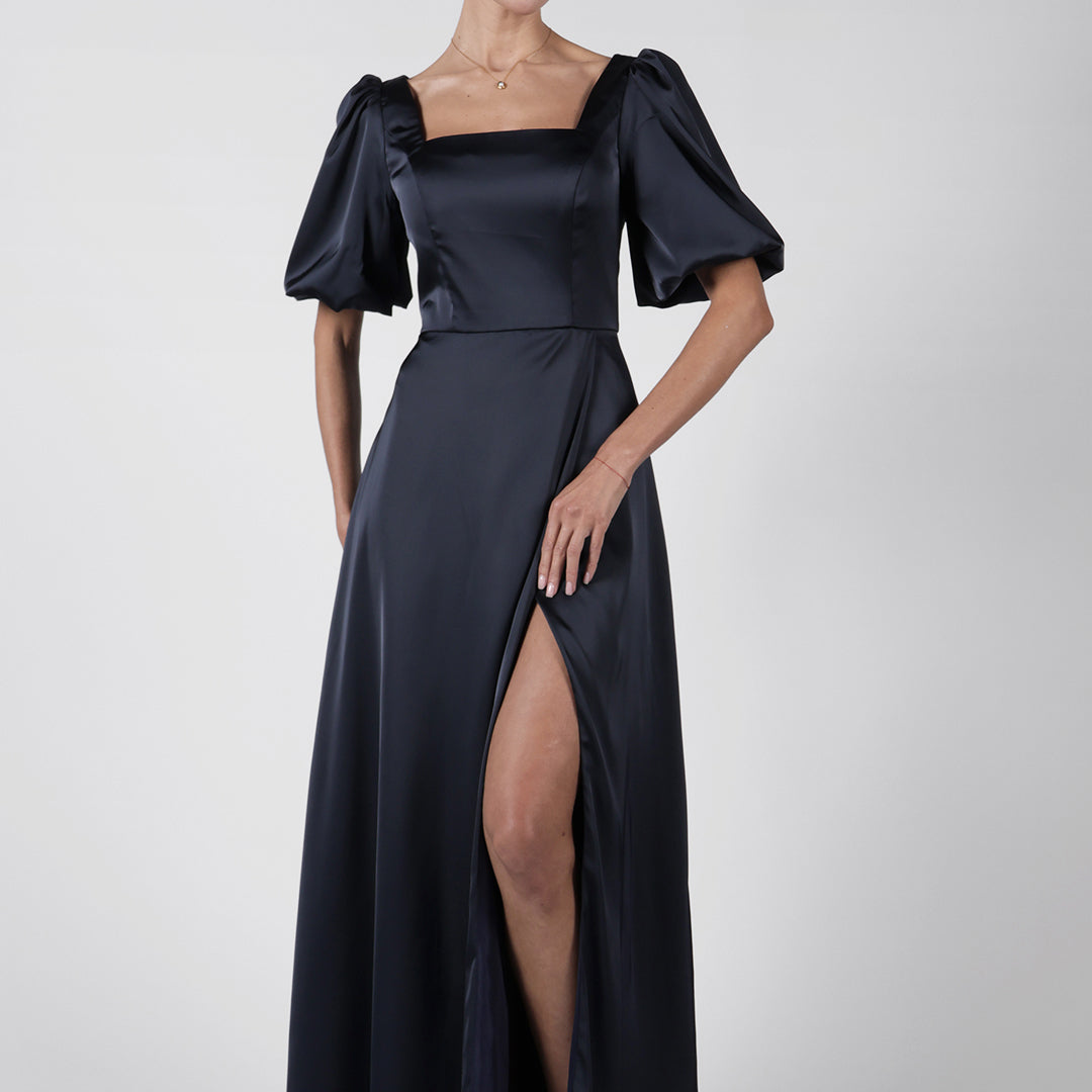 Square Neck Puffy Sleeve High Split Bridesmaid Maxi Dress