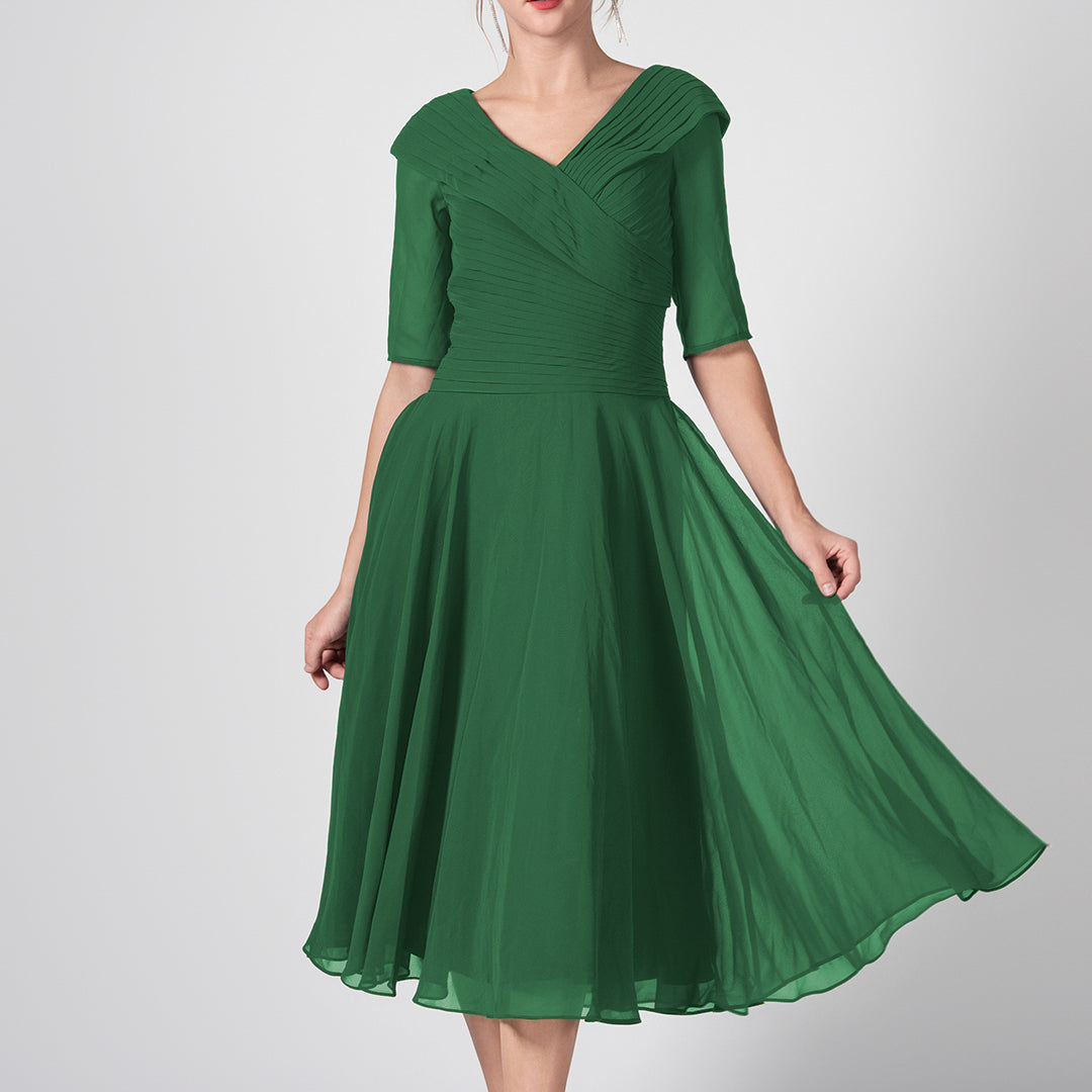 V-Neck Pleated A-Line Mother of the Bride Midi Dresses