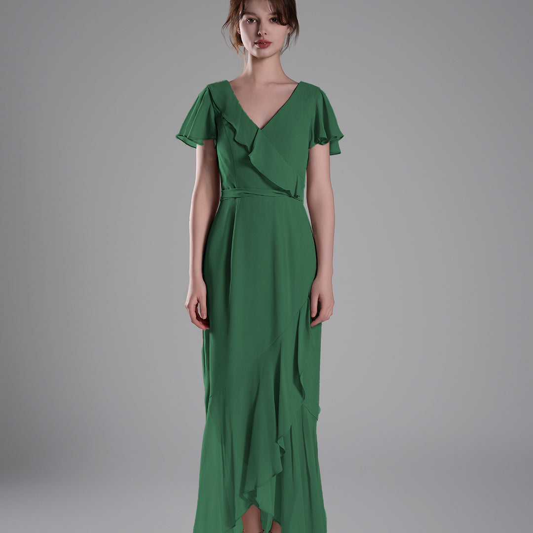 V-Neck Ruffled Detailing Pleated Patchwork Dresses