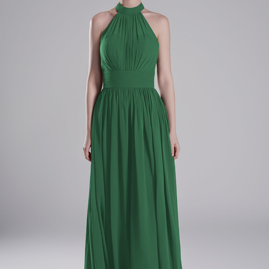Halter Neckline Pleated Bodice Open Back A-Line Dresses