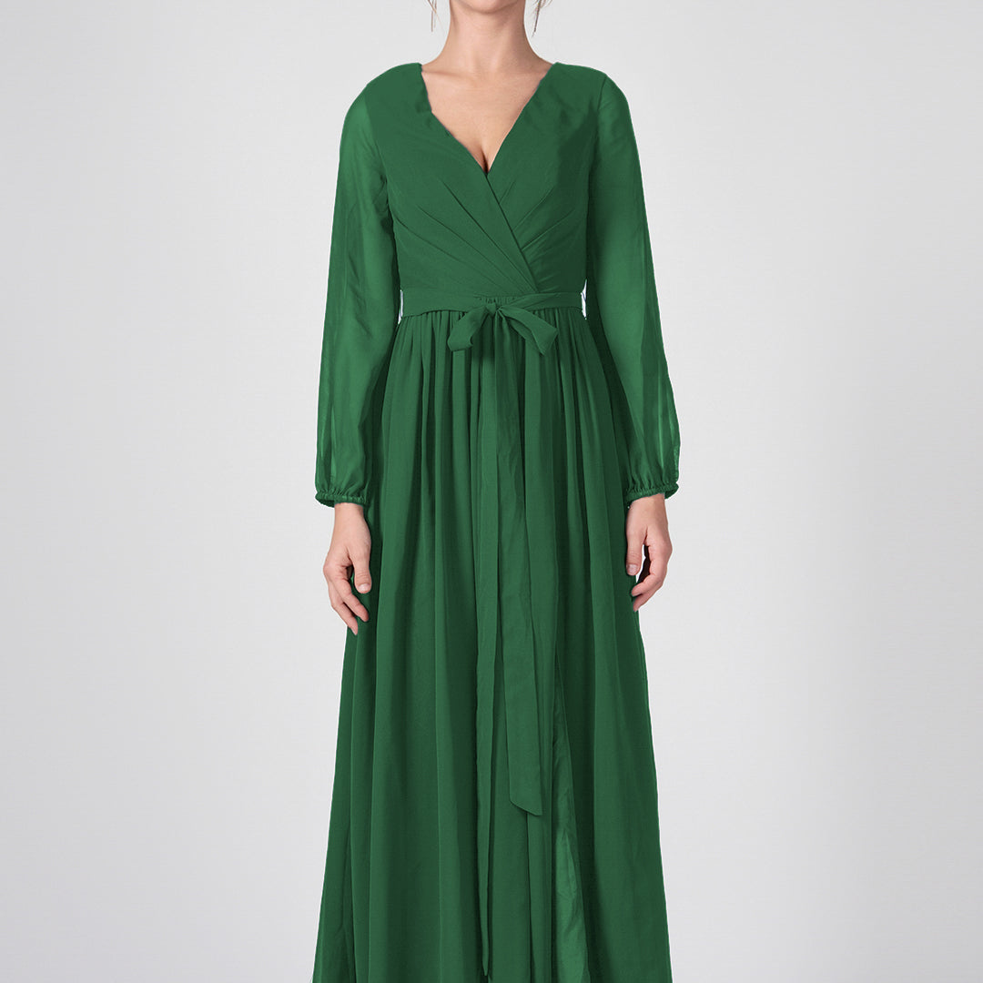 Ruched V-Neck Long Sleeve Split Maxi Dresses with Tie