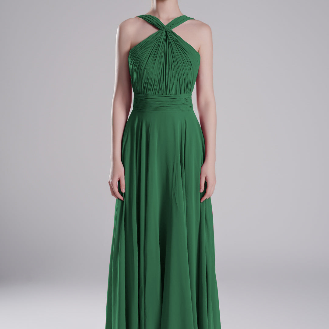 Halter Neck Cross Straps Pleated Waist A-Line Dresses