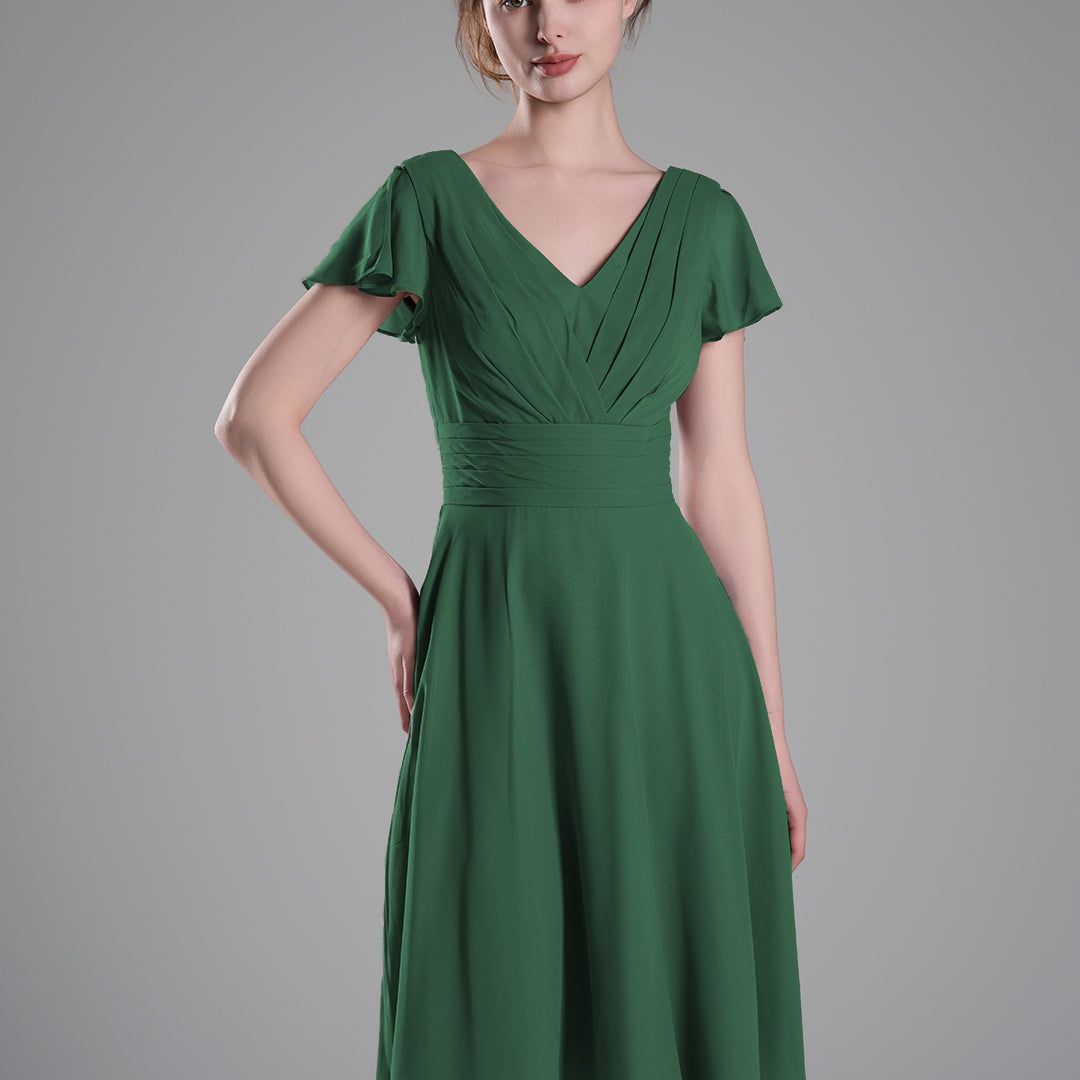 Flutter Sleeves Pleated V-Cut Back Mini Dresses