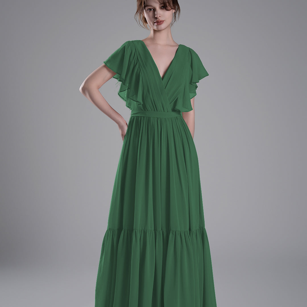 Elegant Ruffled V-Neck Chiffon Patchwork Maxi Dress