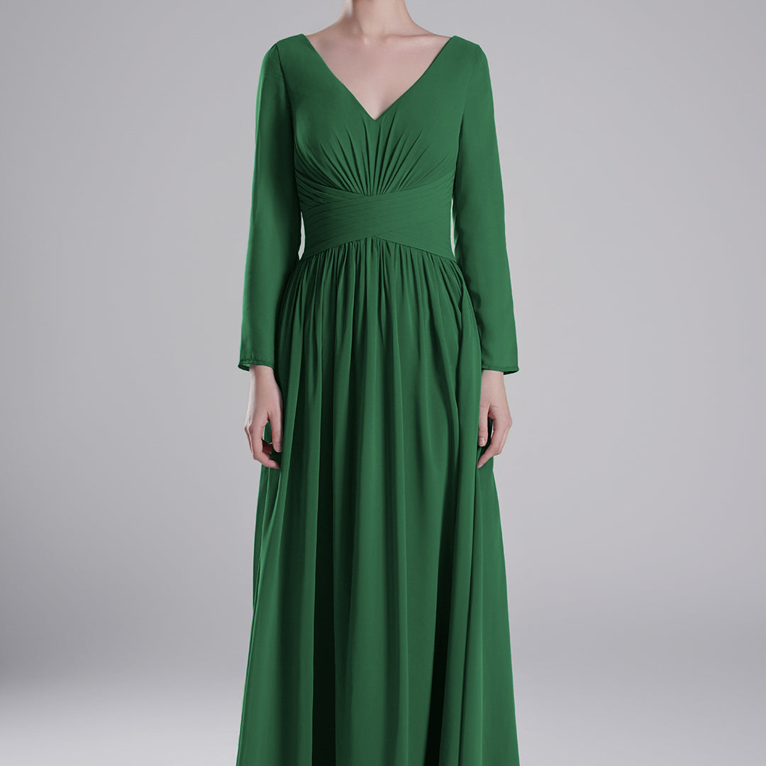 V-Neck Pleated Fitted Waist Flowing A-Line Dresses