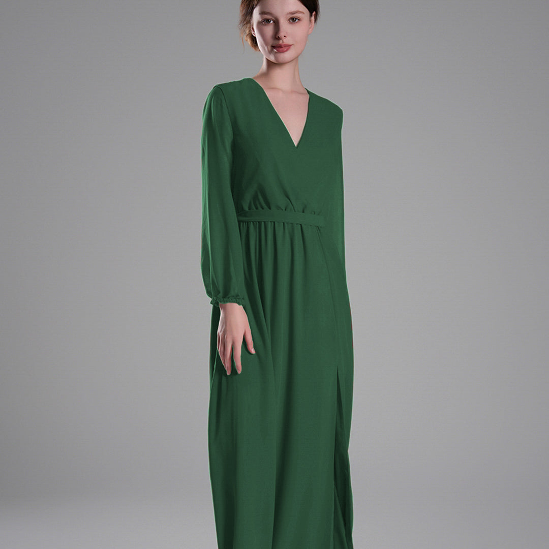 V-Neck Elegant Long Sleeves Flared Slit Dresses