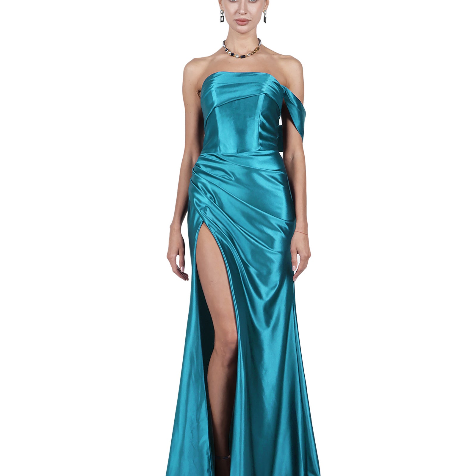 Off-Shoulder Pleated Satin High Split Flutter Elegant Evening Dresses