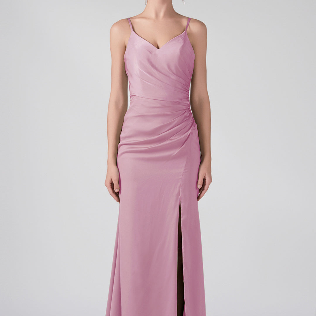 V-Neck Spaghetti Straps Front Split Ruffles Maxi Dress
