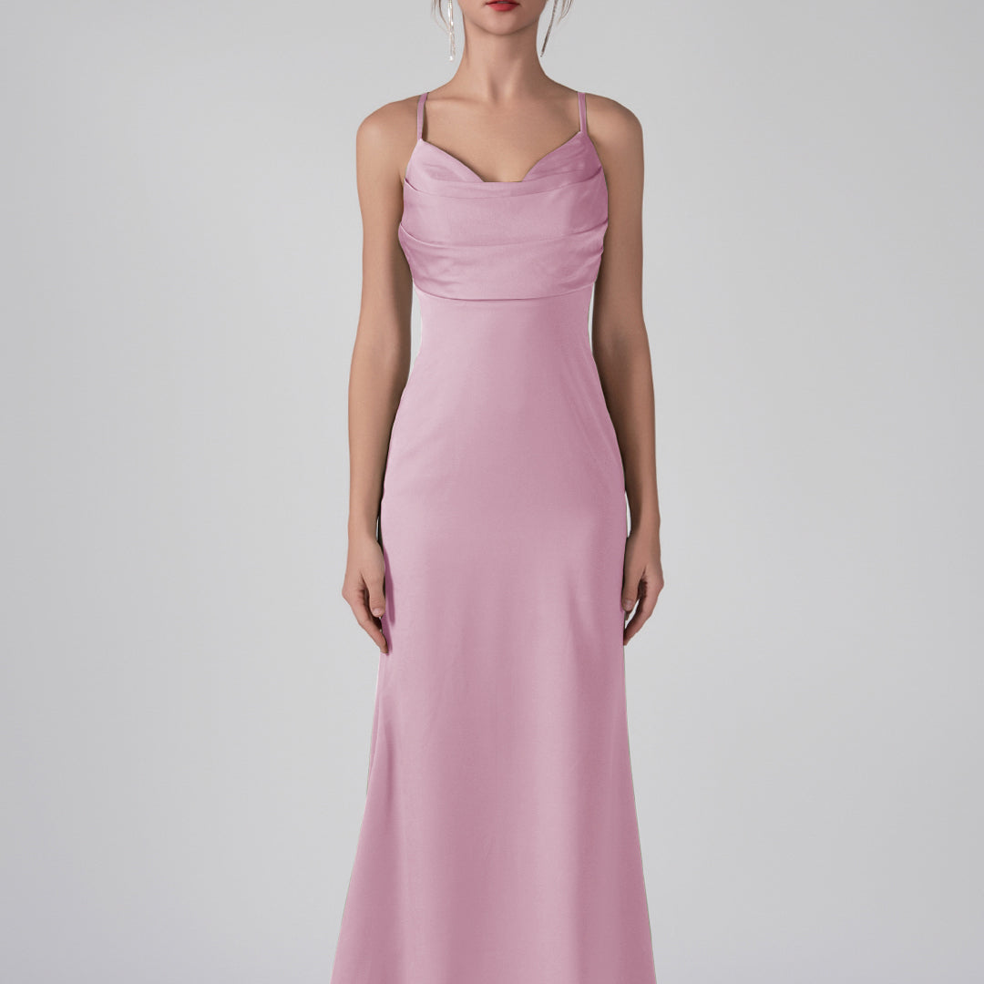 Spaghetti Straps Cowl Neck Ruffles Sheath Maxi Dress