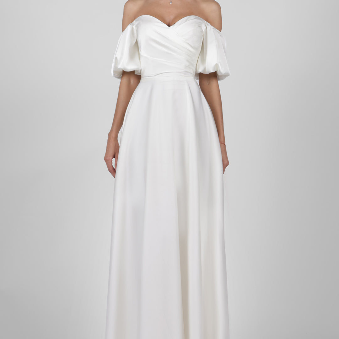 Off-Shoulder Puffy Sleeve Bridesmaid Maxi Dress