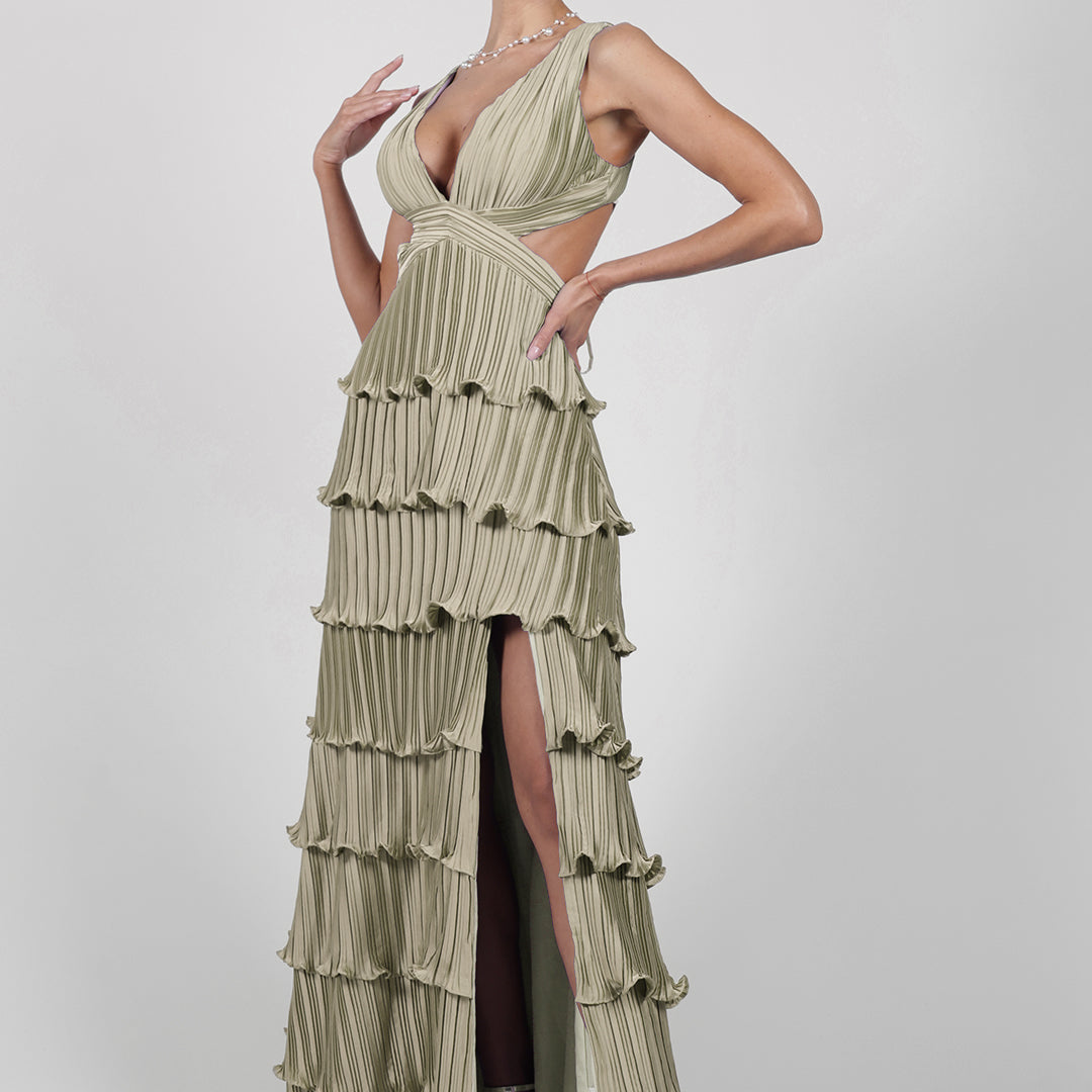 Wide Straps V-Neck Cutout Pleated Side Split Dresses