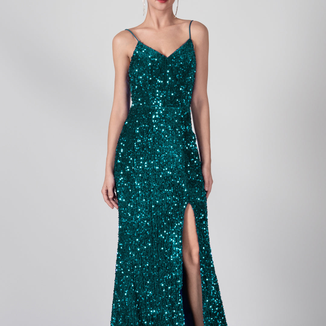 Spaghetti Straps Sequin High Slit Backless Dresses