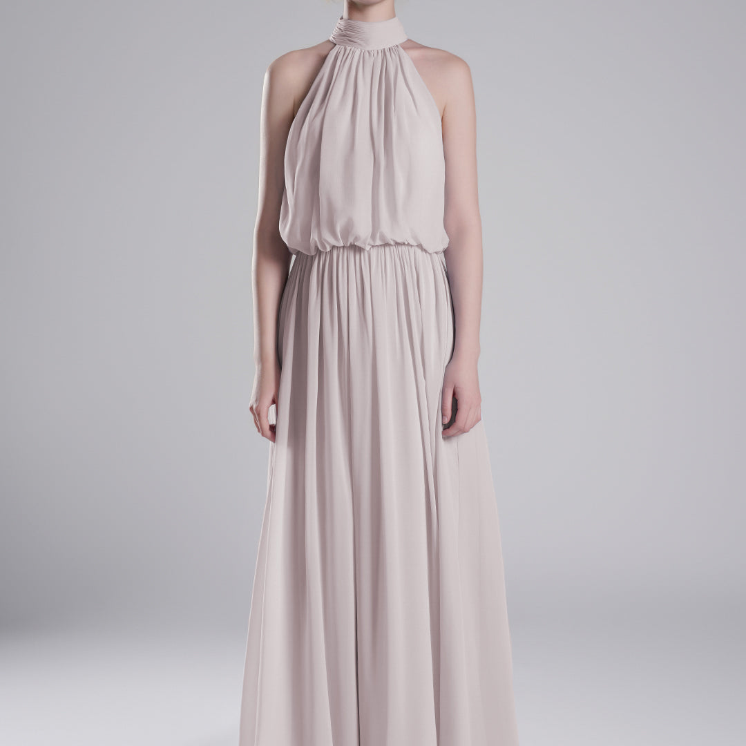High Halter Neck Pleated Flowing A-Line Dresses